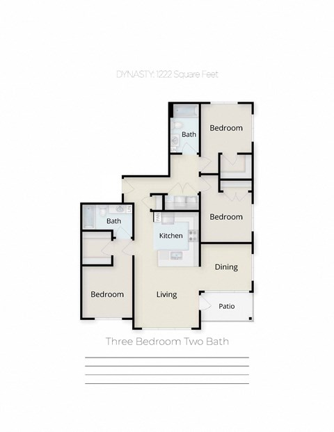 Floor plan for 3 beds, 2 baths, 1222 sqft